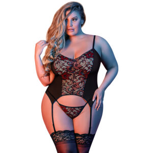 Magic Silk Merry Widow Chemise Sæt Plus Size - Sort - Queen Size