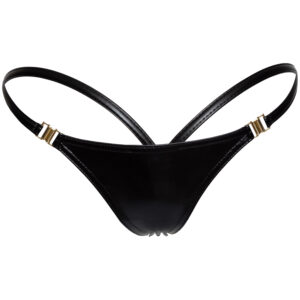 Noir Handmade Powerwetlook G-Streng med Guldspænder - S