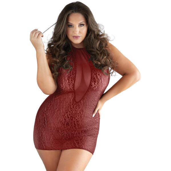 Allure Diva Rayna Rød Leopard Teddy med Snøre Plus Size - Rød - XL/2XL