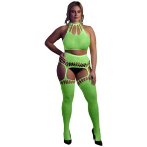 Ouch! Glow in The Dark Neon Grøn Crop Top med Strømper Plus Size - Grøn - Plus size