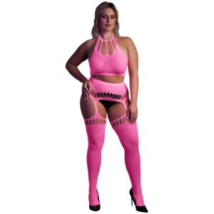 Ouch! Glow in The Dark Neon Pink Crop Top med Strømper Plus Size - Rosa