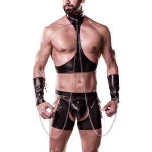Grey Velvet Men Wetlook Bondage Sæt med Bukser - Sort - S/M