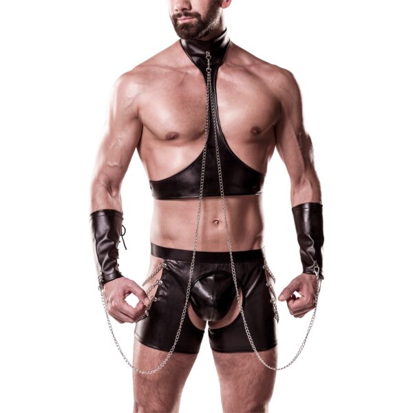 Grey Velvet Men Wetlook Bondage Sæt med Bukser - Sort - S/M